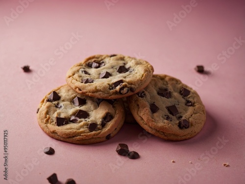 Flat Lay of Chocolate Chip Cookies on Pink Background. photo