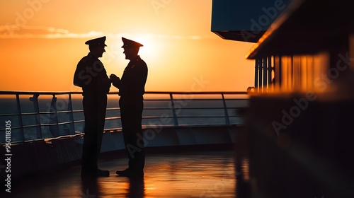 Two sailors in uniform stand on the deck of a ship at sunset, silhouetted against the orange sky. They are talking and appear to be close friends or colleagues.