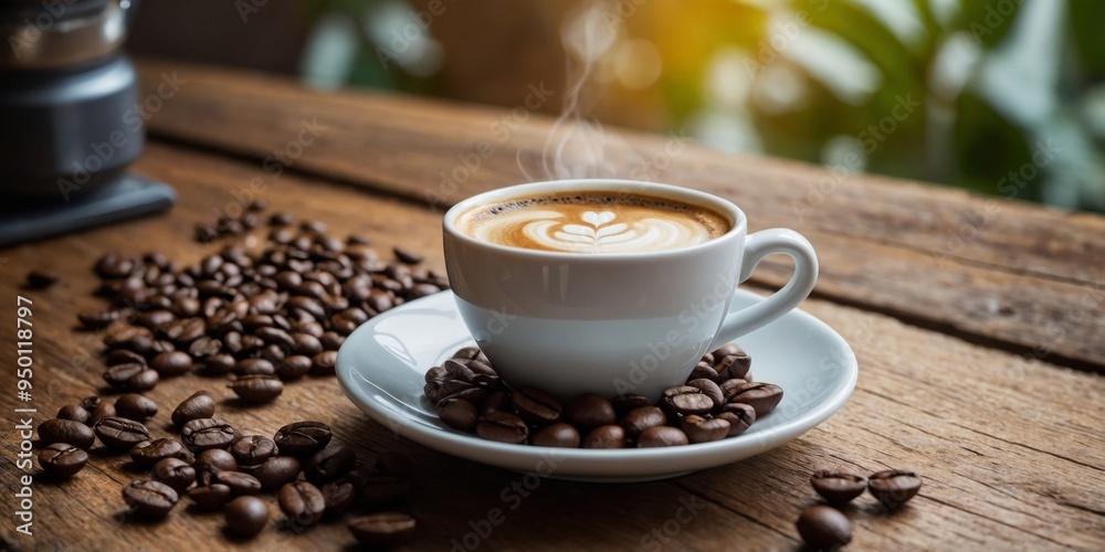 Obraz premium Cup of coffee using beans over a rustic wooden table.