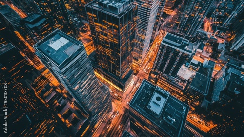 Aerial View of Cityscape at Night with Illuminated Windows photo