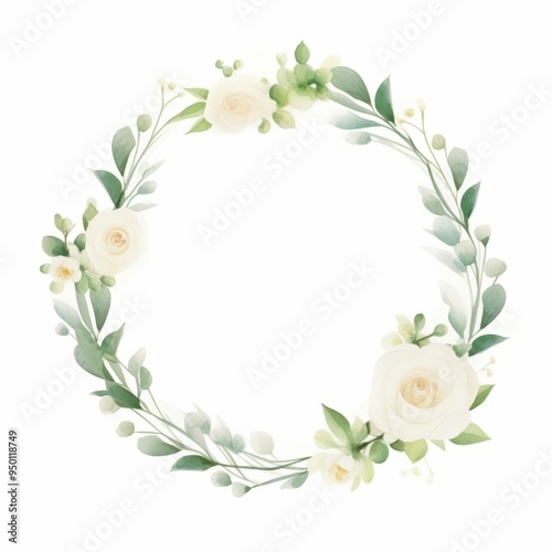 Wallpaper Mural A delicate watercolor wreath of white roses and green foliage on a white background, perfect for wedding invitations, greeting cards, or elegant stationery, Torontodigital.ca