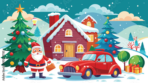 Wallpaper Mural Vintage Christmas and New Year.  Winter nature with house, Christmas tree in cozy home and red retro car for greeting card, Vector illustration of Santa Claus, cover or poster Torontodigital.ca