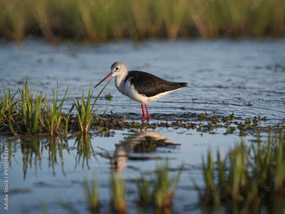 Black-winged stilt wading in tranquil wetland waters. Black-winged stilt wading in tranquil wetland waters.