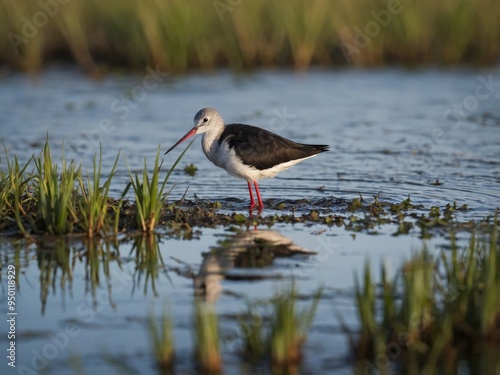 Black-winged stilt wading in tranquil wetland waters.