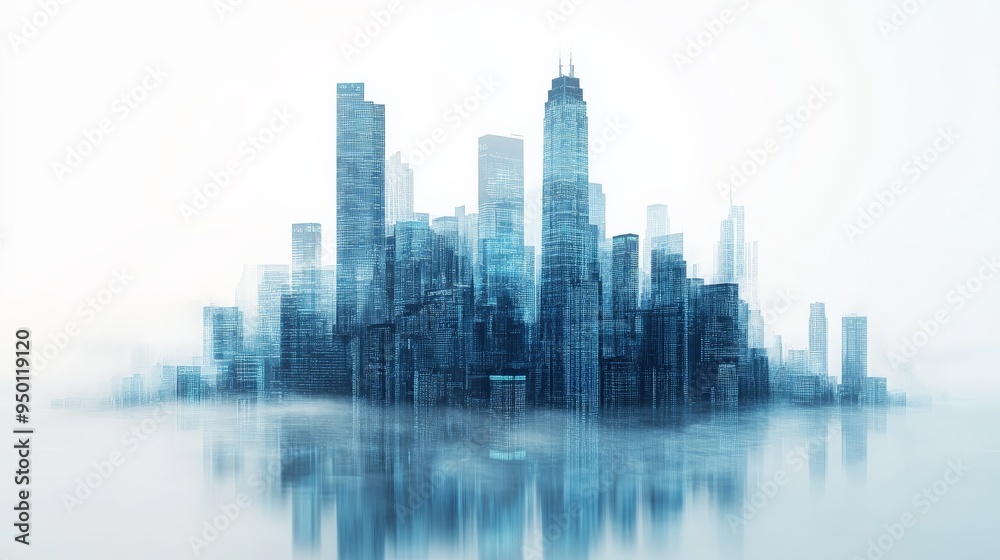 Metropolis Mirage: An ethereal cityscape emerges from a sea of clouds, reflecting its modern skyline in a cool blue dreamscape. Metropolis Mirage: An ethereal cityscape emerges from a sea of clouds, reflecting its modern skyline in a cool blue dreamscape.