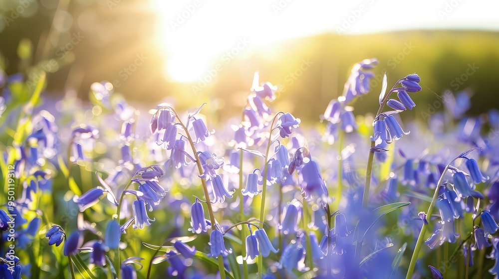 Fototapeta premium A field of bluebells under the bright morning sun, with the camera angle low to the ground to capture the bell-shaped flowers in sharp detail against a softly blurred background.