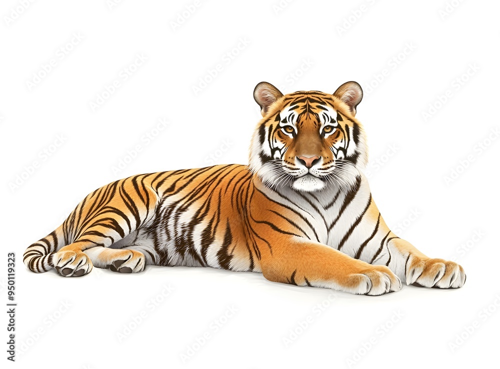 A majestic tiger lies in a relaxed posture, its orange and black stripes contrasting with the white background. Its sharp eyes stare directly at the camera. A majestic tiger lies in a relaxed posture, its orange and black stripes contrasting with the white background. Its sharp eyes stare directly at the camera.
