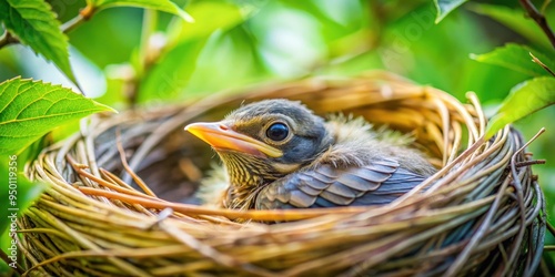 Close up of a baby bird nestling in the nest, bird, nest, hatchling, wildlife, nature, spring, newborn, cozy, adorable, feathers