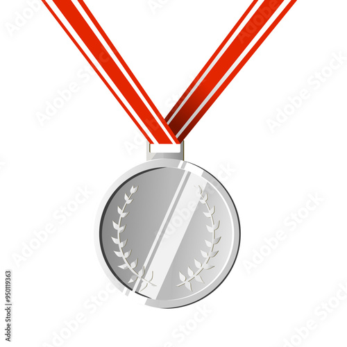 Silver Medal with Red and White Ribbon - Award for Second Place Achievement in Competitions and Sports - Vector Illustration