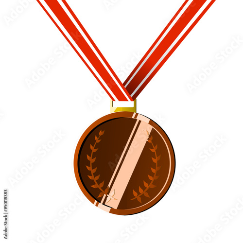 Bronze Medal with Red and White Ribbon - Award for Third Place Achievement in Competitions and Sports - Vector Illustration