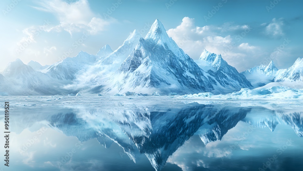Obraz premium A serene landscape of snow-capped mountains reflected in a still lake, under a clear blue sky.