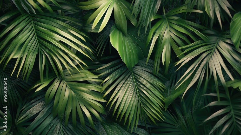 Abstract arrangement of palm leaves, creating a fresh, green background