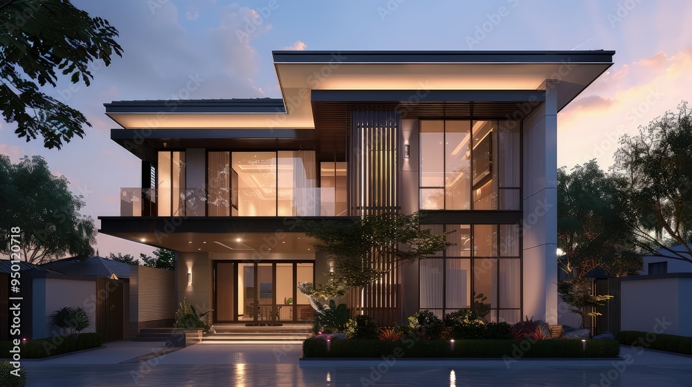 A front view of a modern villa with a minimalist design, the façade bathed in the warm, diffuse light of a setting sun. A front view of a modern villa with a minimalist design, the façade bathed in the warm, diffuse light of a setting sun.