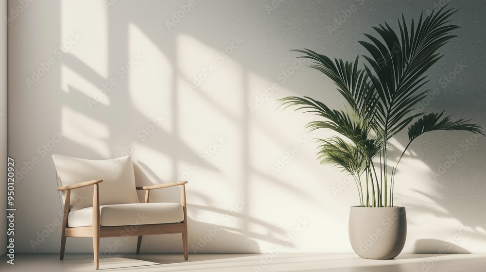 Fototapeta premium A minimalist living room featuring a wooden armchair with white cushions and a potted palm plant..