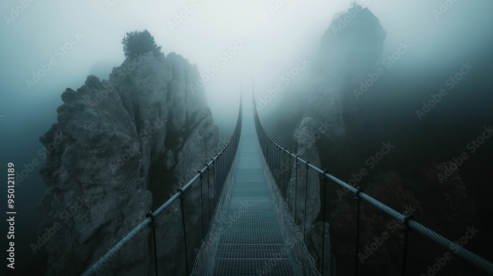 Obraz premium A mysterious suspension bridge stretches across a rocky chasm, shrouded in dense fog.