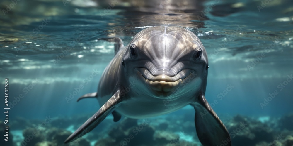 Fototapeta premium dolphin gazing at you while submerged over a reef.