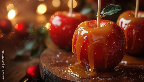 Candy apples being dipped in caramel, set on a wooden table, festive style, close-up, soft lighting, warm tones, high detail