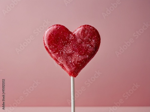 A red heart shaped lollipop with a white stick on a pink background Minimal Valentines or love concept Flat lay Banner Copy space. photo