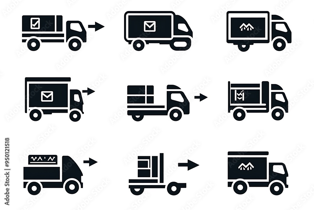 Speedy Delivery Black Vector Icons - Truck, Package, Arrows, Fast Shipping Symbol on White Background Speedy Delivery Black Vector Icons - Truck, Package, Arrows, Fast Shipping Symbol on White Background
