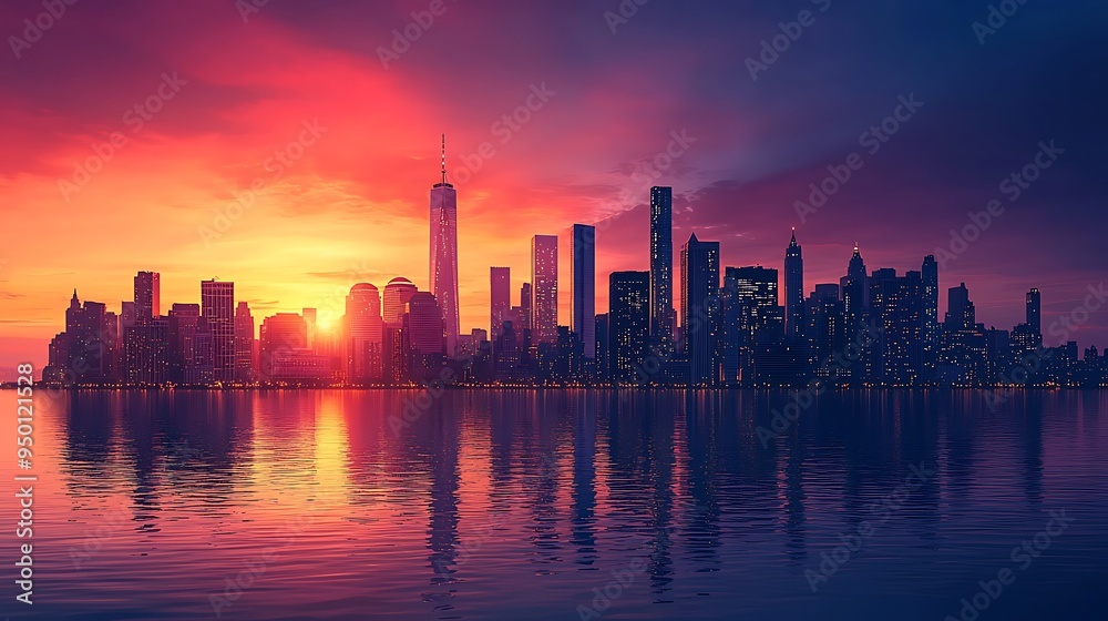A city skyline reflects beautifully in the water at sunset, creating a shimmering mirror effect. A city skyline reflects beautifully in the water at sunset, creating a shimmering mirror effect.