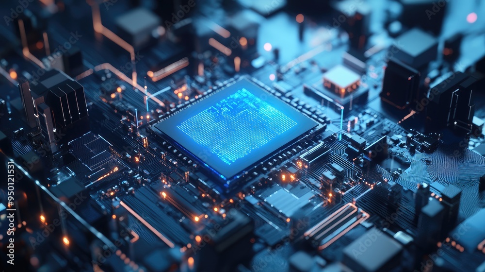 An AI chip with a holographic label, surrounded by a blue and gray tech-inspired background, An AI chip with a holographic label, surrounded by a blue and gray tech-inspired background,