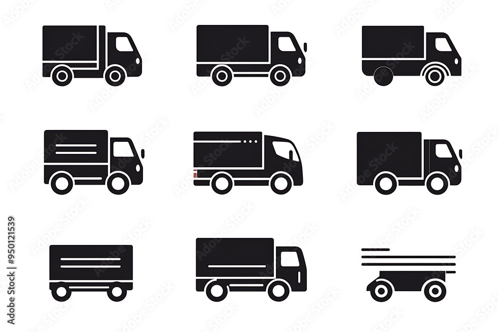 Speedy Delivery Service - Black Vector Icons of Truck with Motion Streaks on White Background Speedy Delivery Service - Black Vector Icons of Truck with Motion Streaks on White Background