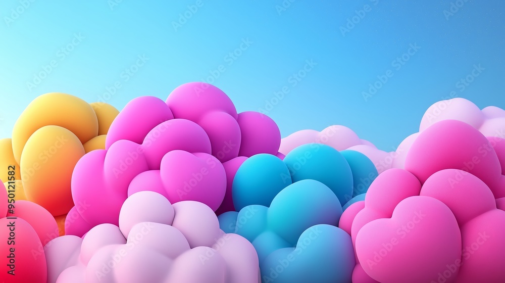 A colorful cloud of balloons with hearts in the middle. The balloons are in various colors, including pink, yellow, and blue. Concept of joy and celebration, as the balloons A colorful cloud of balloons with hearts in the middle. The balloons are in various colors, including pink, yellow, and blue. Concept of joy and celebration, as the balloons