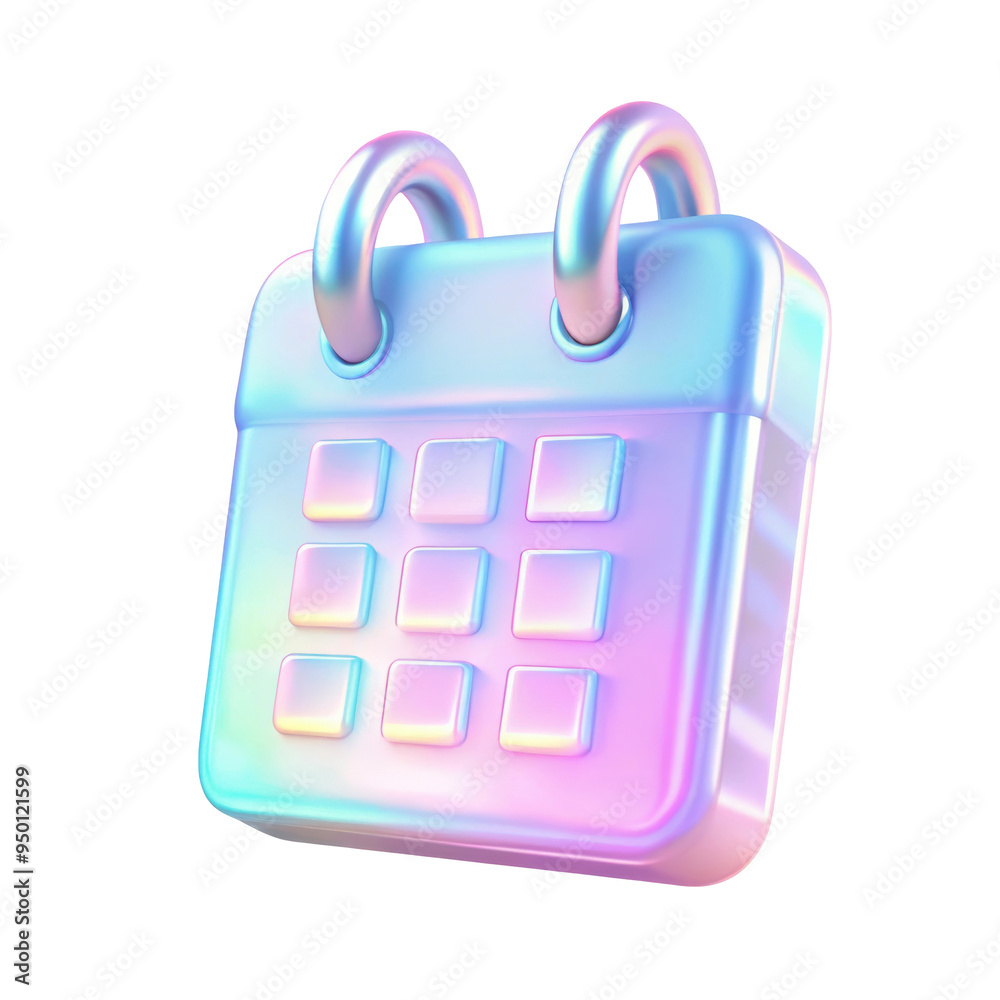 Holographic 3D metallic calendar icon design with vibrant iridescent colors and a modern, shiny finish. Isolated on transparent background, png. Holographic 3D metallic calendar icon design with vibrant iridescent colors and a modern, shiny finish. Isolated on transparent background, png.