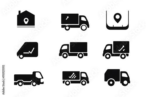 Fast and Efficient Delivery Truck Vector Icons Set on White Background