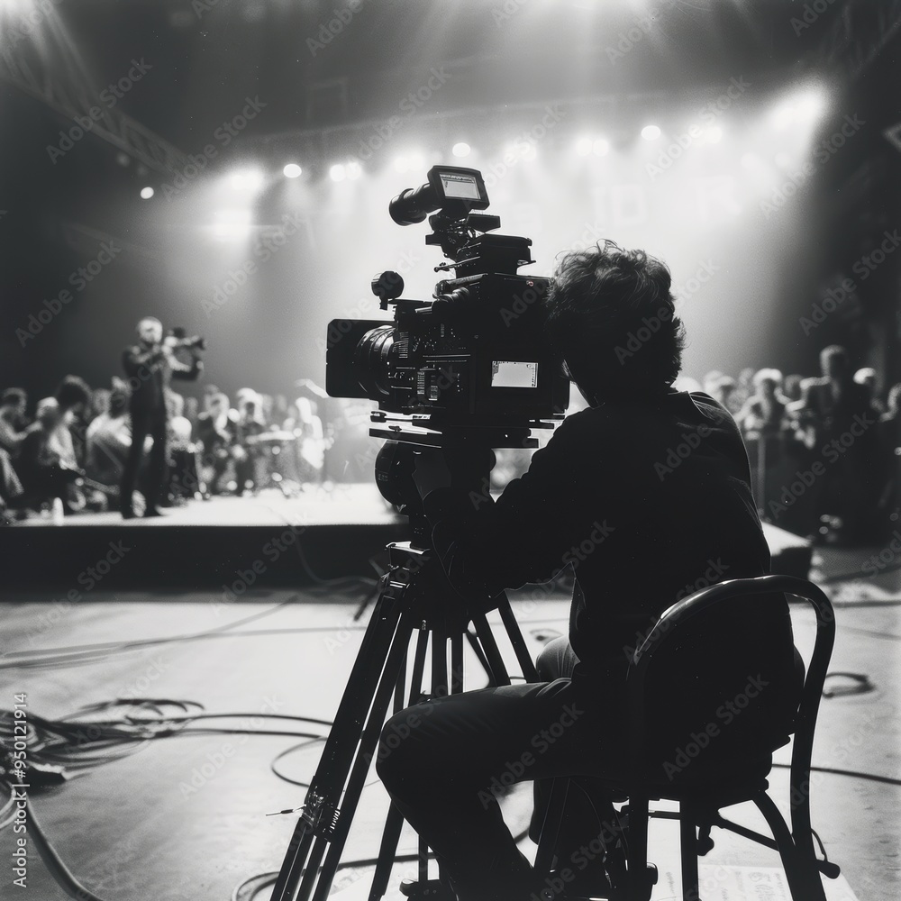 Cameraman capturing the energy of live event from sidelines, documenting every moment during tv show production. Cameraman capturing the energy of live event from sidelines, documenting every moment during tv show production.