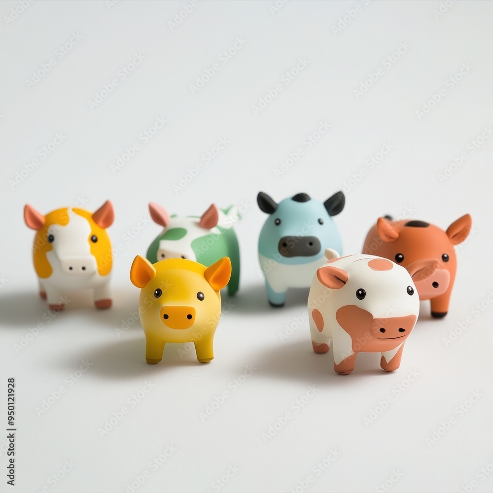 A collection of colorful cow figurines arranged on a light background. A collection of colorful cow figurines arranged on a light background.