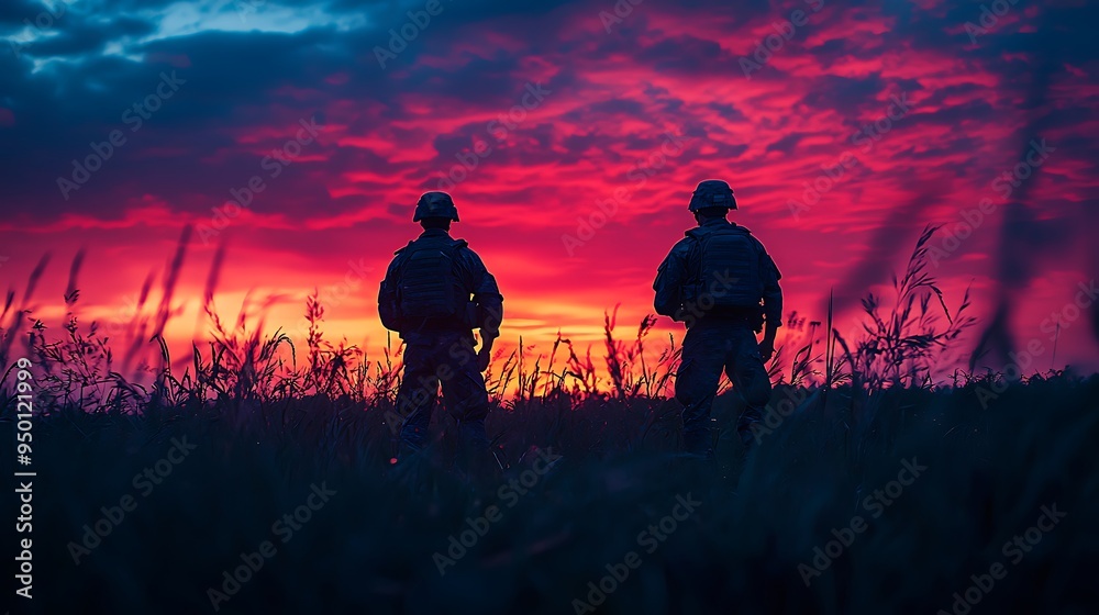 Silhouettes of two soldiers stand solemnly in a field, framed by the warm hues of sunset. Silhouettes of two soldiers stand solemnly in a field, framed by the warm hues of sunset.