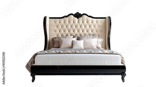 A luxurious black and beige bed with a high tufted headboard, soft pillows, and a warm blanket invites you to relax and enjoy a peaceful night's sleep. The classic design evokes a sense of comfort and