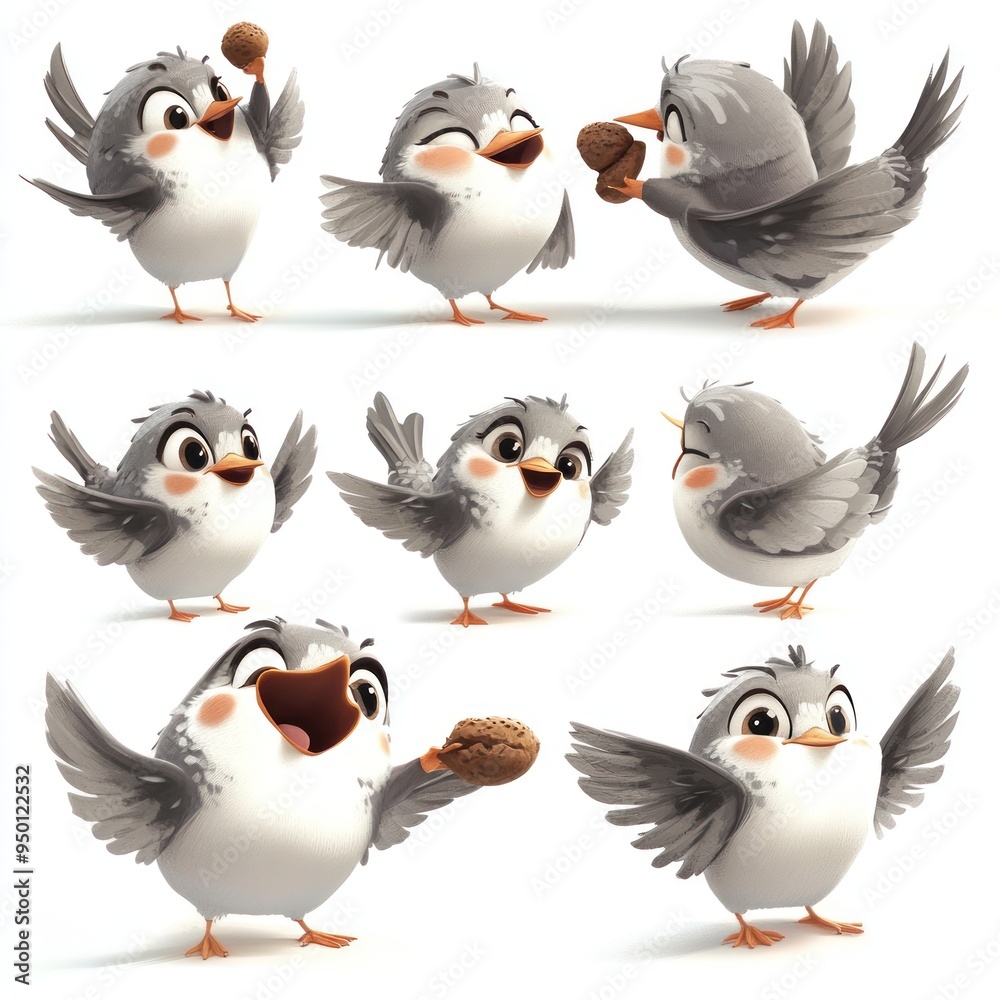 Fototapeta premium A collection of cute animated birds expressing joy and playfulness.