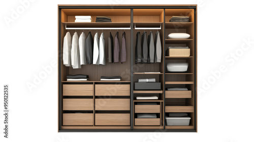 A modern and spacious wardrobe, meticulously organized with compartments for shirts, suits, drawers, and shelves. The warm wooden tones and sleek design create an atmosphere of sophistication and orde photo