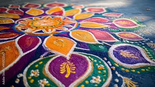 Vibrant and intricate Diwali rangoli designs featuring colorful patterns symmetrical layouts and a glowing festive atmosphere photo