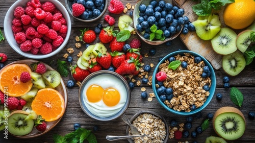 Bright and colorful healthy breakfast spread, featuring fresh fruits, yogurt, and granola on a rustic wooden