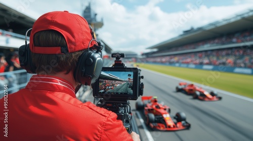Focused man, motorsport cameraman, dressed in vibrant red, filming the high-speed action on the racetrack, taking photos of formula 1 race competition