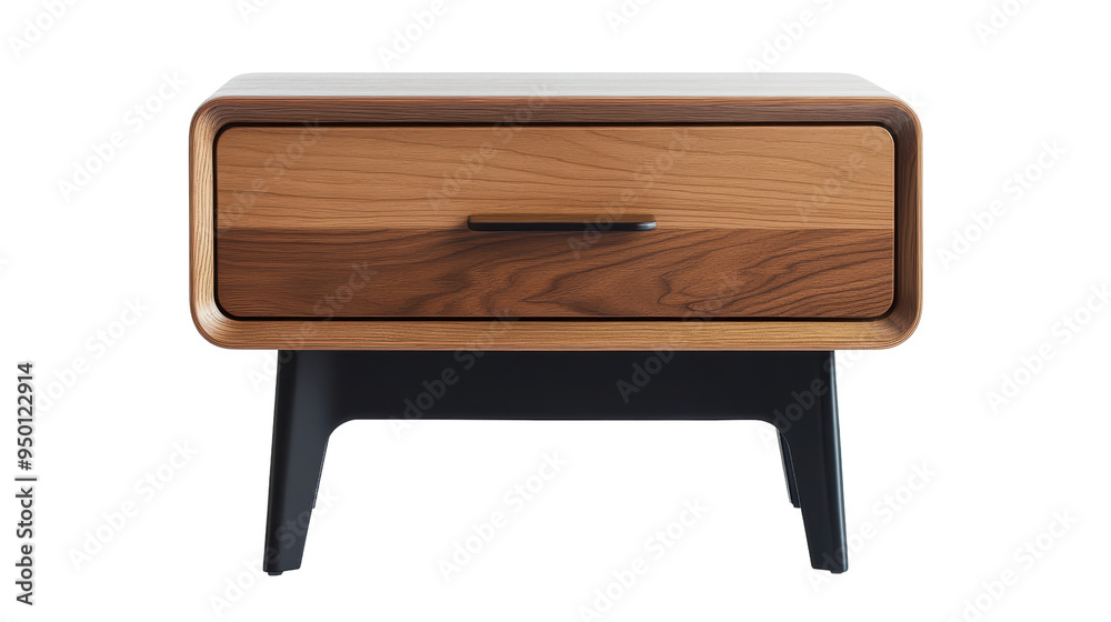 A modern nightstand with a wooden drawer and black legs A modern nightstand with a wooden drawer and black legs