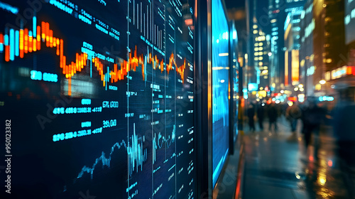 Dynamic stock market data displayed on an LED screen with intricate business analysis,