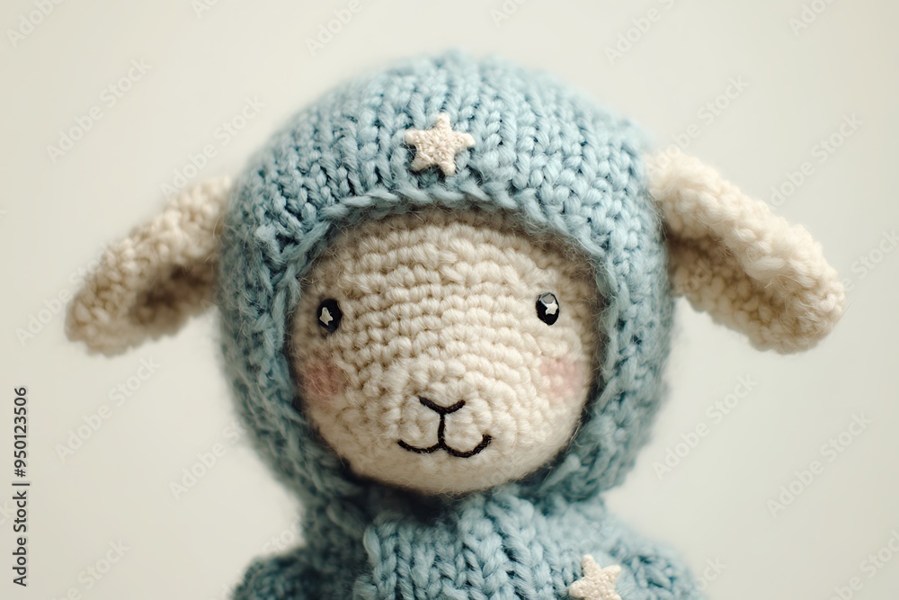 Dreamy Knitted Sheep with Starry Ears - Close-Up of Whimsical Japanese Animation Style Character on Creamy White Background Dreamy Knitted Sheep with Starry Ears - Close-Up of Whimsical Japanese Animation Style Character on Creamy White Background