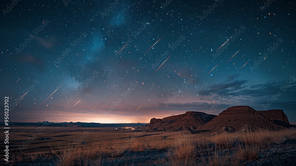 Obraz premium Meteor shower lighting up the sky over a desert landscape