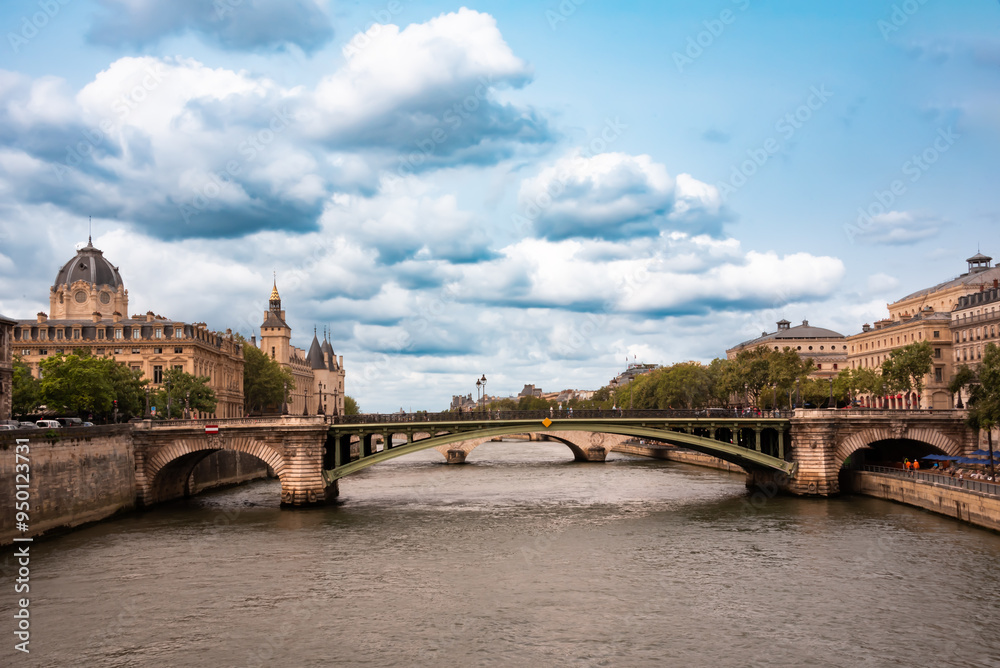 Fototapeta premium Panoramic view of bridge and Seine river in Paris city, France