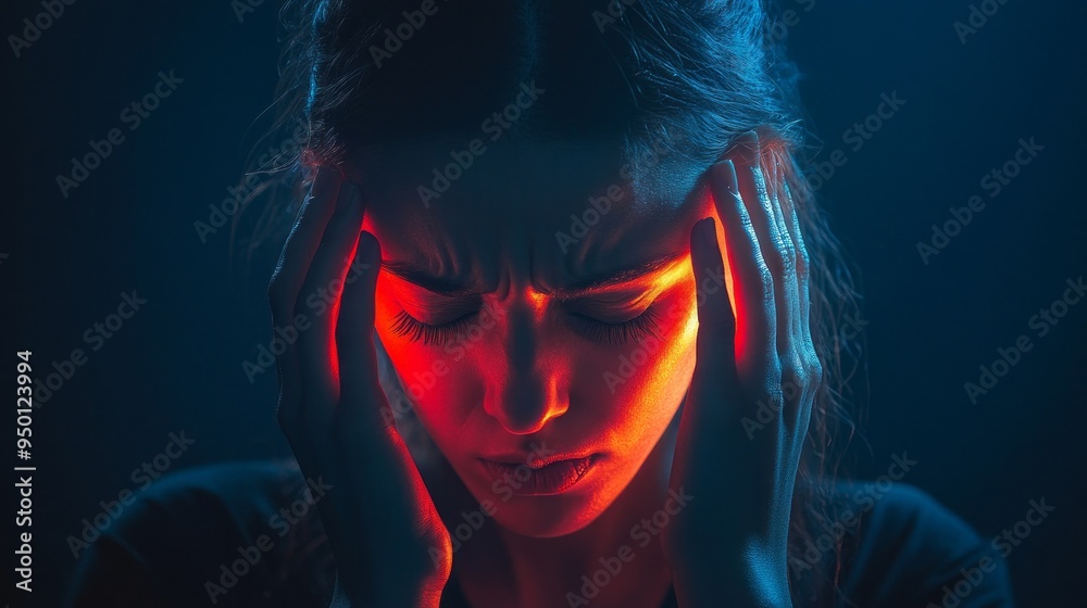 A woman is looking down with her hands on her head A woman is looking down with her hands on her head