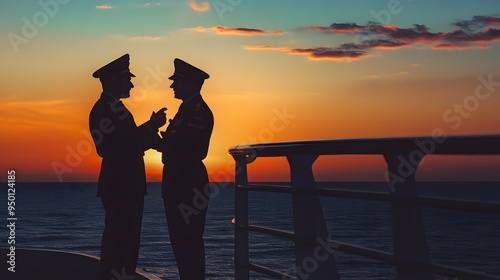 Two  sailors stand on a ship's deck at sunset, silhouetted against a fiery sky. They are discussing strategy or sharing a moment of camaraderie. photo