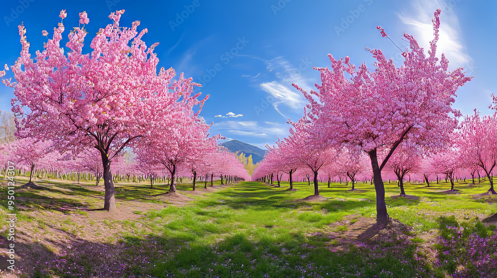 Vibrant cherry blossom orchard in full bloom with rows of pink trees under a clear blue sky on a sunny day.
Vibrant cherry blossom orchard in full bloom with rows of pink trees under a clear blue sky on a sunny day.