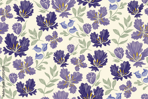 Minimal Floral pattern seamless embroidery texture purple blue flower motifs. Vintage ikat style vector illustration design hand drawn .