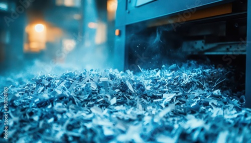 Paper shredder with a cross-cut mechanism, shredding documents, secure style, close-up, sharp focus, high detail, soft lighting