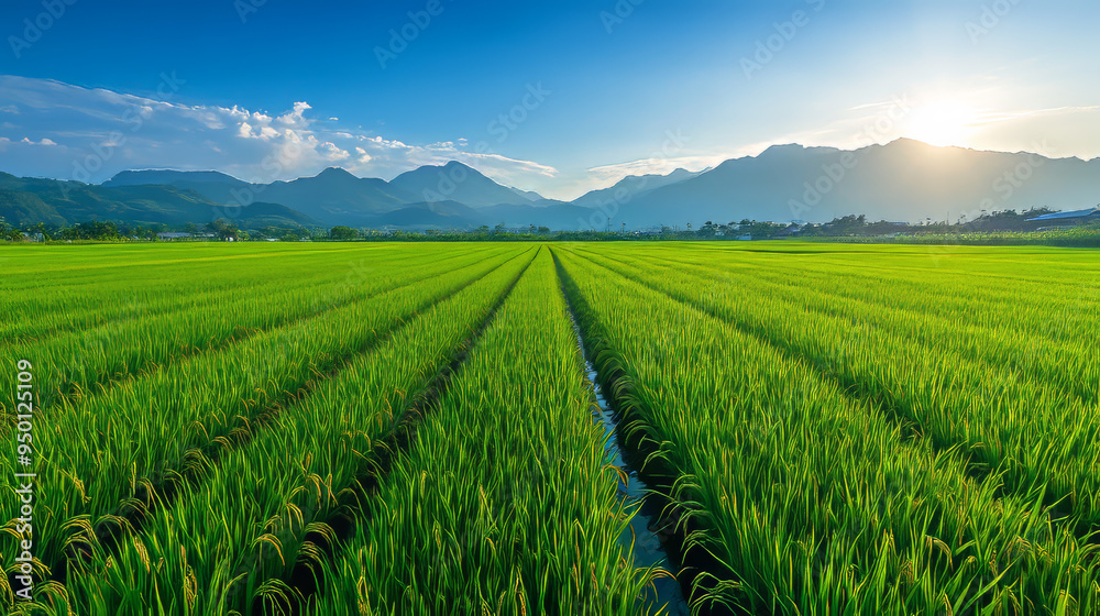 Expansive view of lush green rice fields stretching towards distant mountains under a clear sky at sunrise, capturing the serene beauty of nature.
Expansive view of lush green rice fields stretching towards distant mountains under a clear sky at sunrise, capturing the serene beauty of nature.