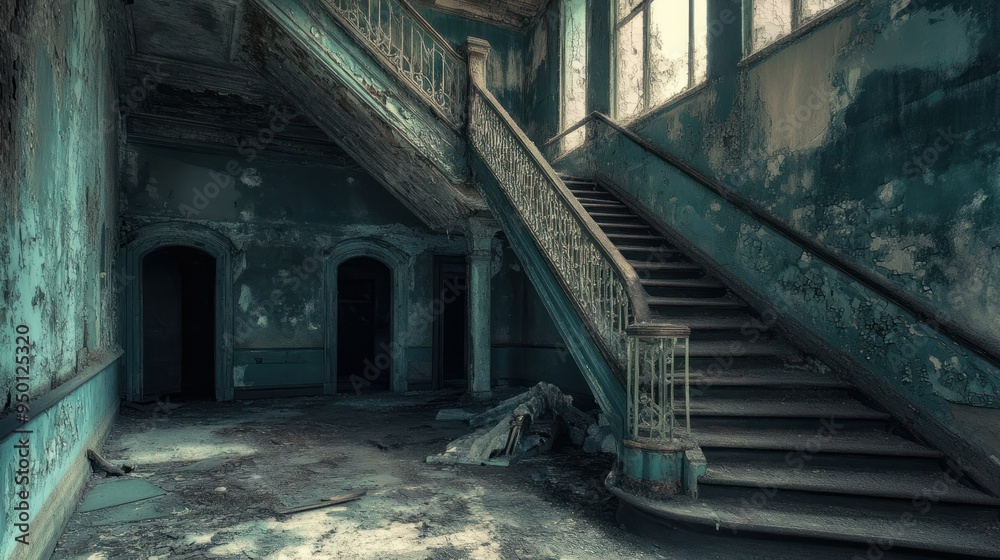 Abandoned Staircase in a Decaying Building with Peeling Paint and Dark Doors Abandoned Staircase in a Decaying Building with Peeling Paint and Dark Doors